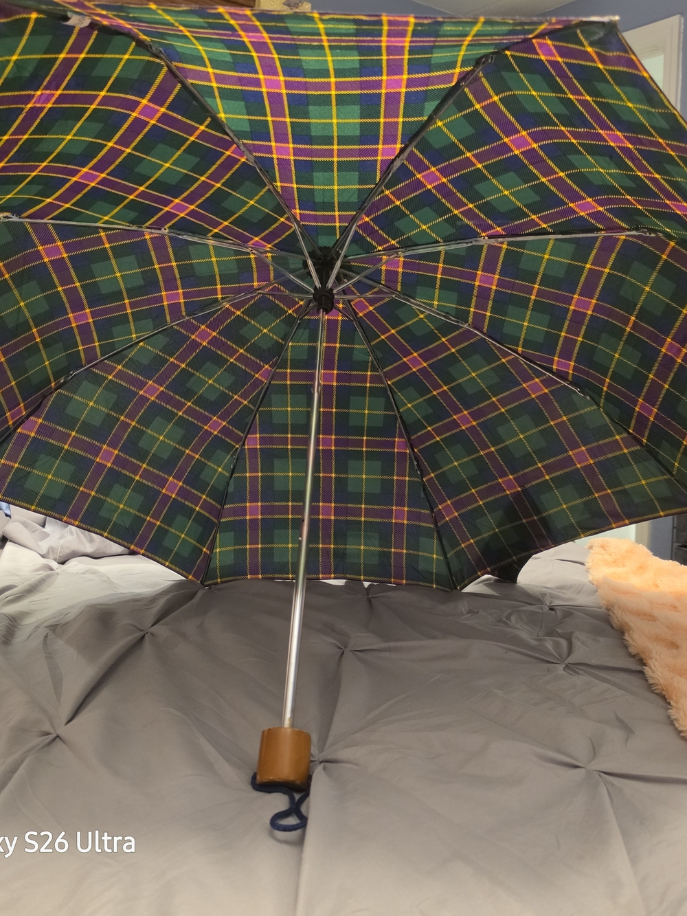 Source Unknown Green Plaid Umbrella with Yellow and Purple Accents